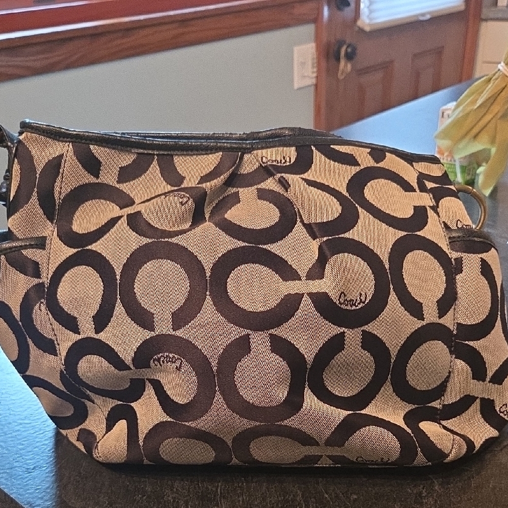 Coach Brown and Tan Signature Shoulder Bag